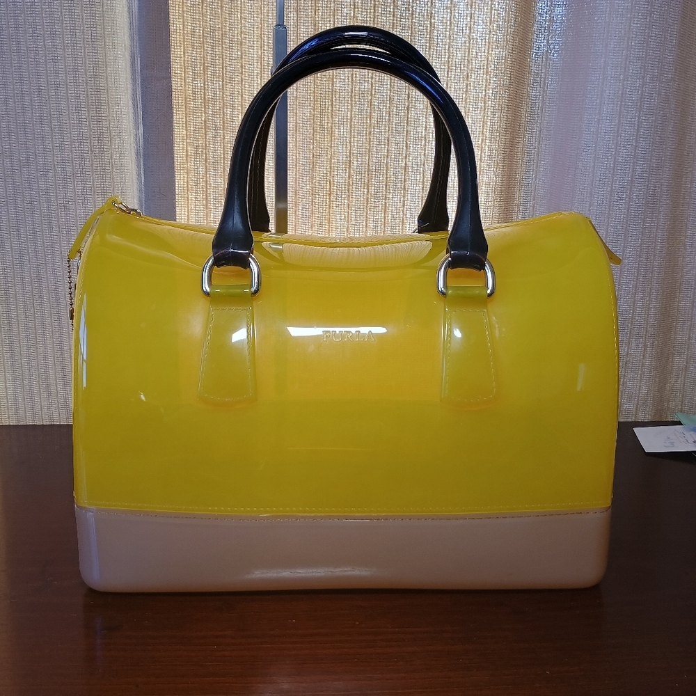 Furla Yellow and Cream Jelly Dome Satchel with Black Handles
